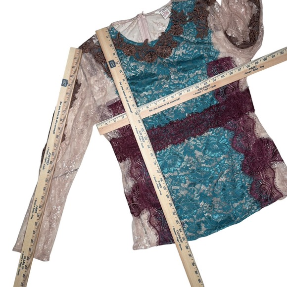 Sundance Lace Blouse Top Floral Embroidered Teal Burgundy Size 10 Boho Whimsy - Picture 3 of 5